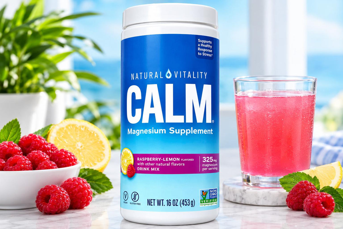 Natural Vitality CALM Raspberry Lemon 16 oz with a prepared drink