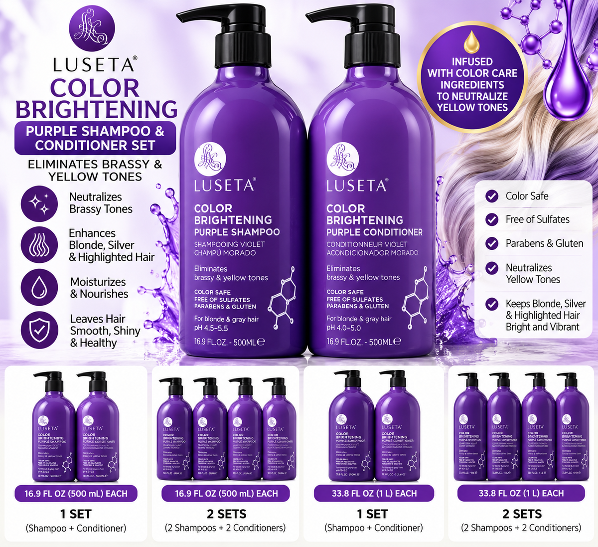Luseta Color Brightening Purple Shampoo and Conditioner Set