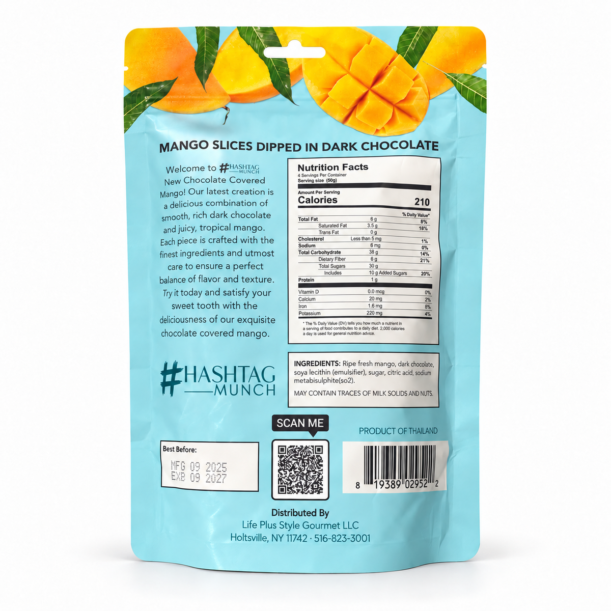 Mango slices dipped in dark chocolate back label on white background
