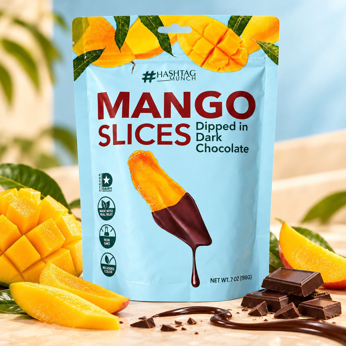 Hashtag Munch mango slices with mango and dark chocolate