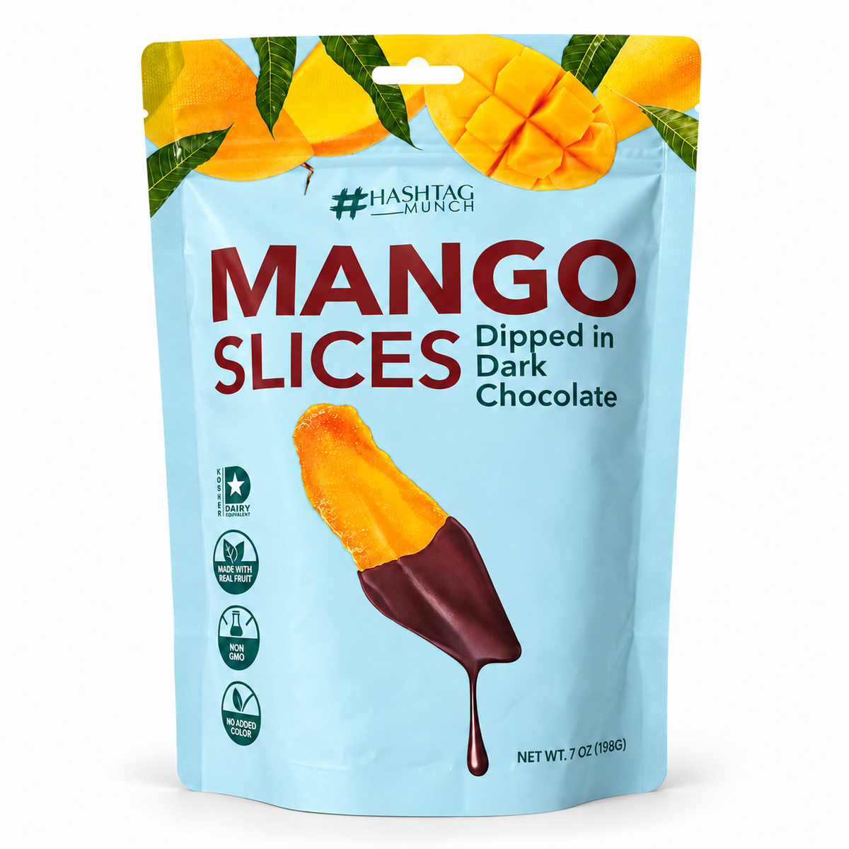 Mango slices front on white background