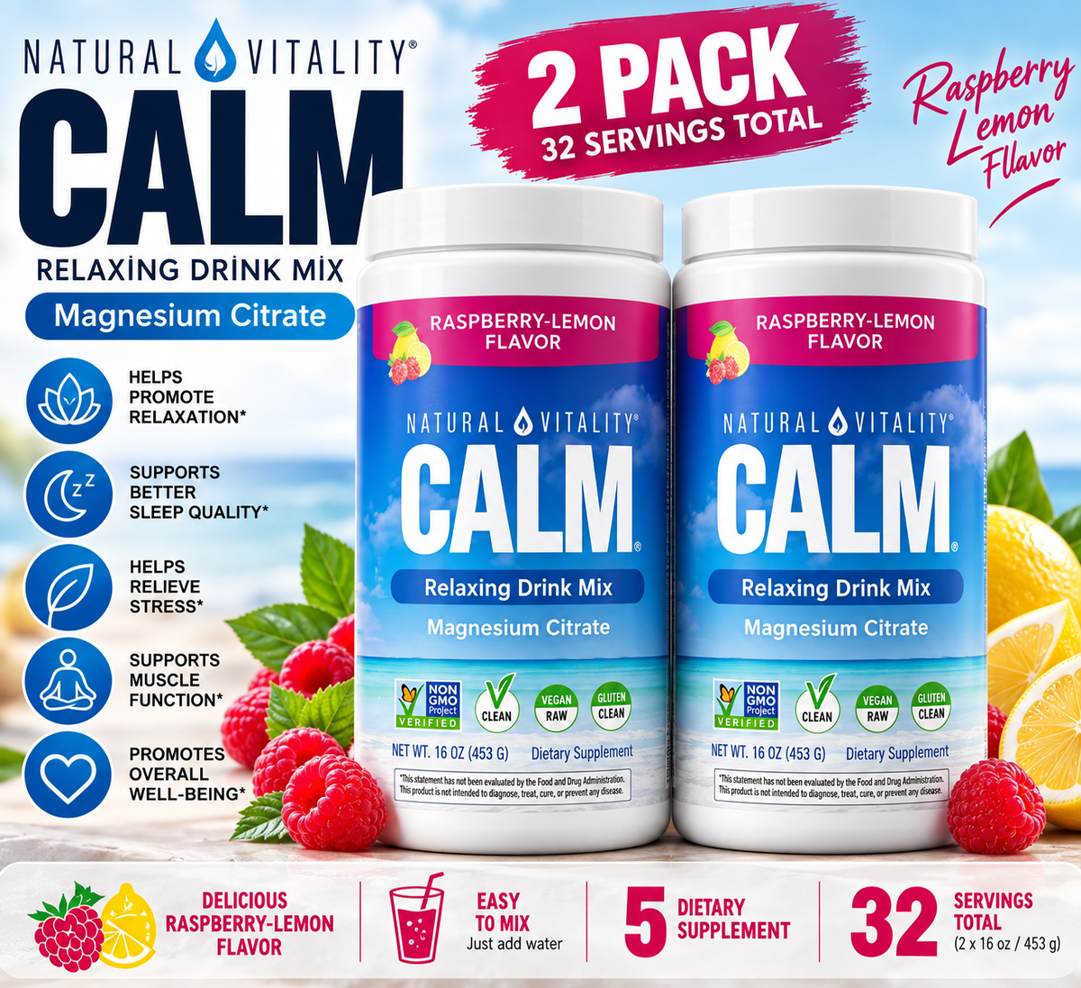 Natural Vitality CALM Raspberry-Lemon 16 oz 2 Pack