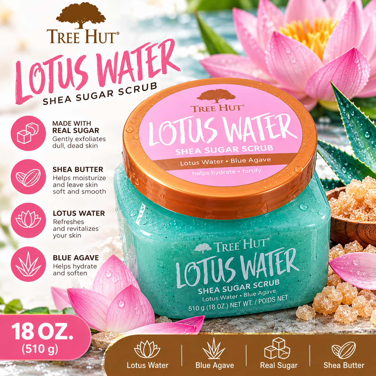 Tree Hut Lotus Water Shea Sugar Scrub 18 oz
